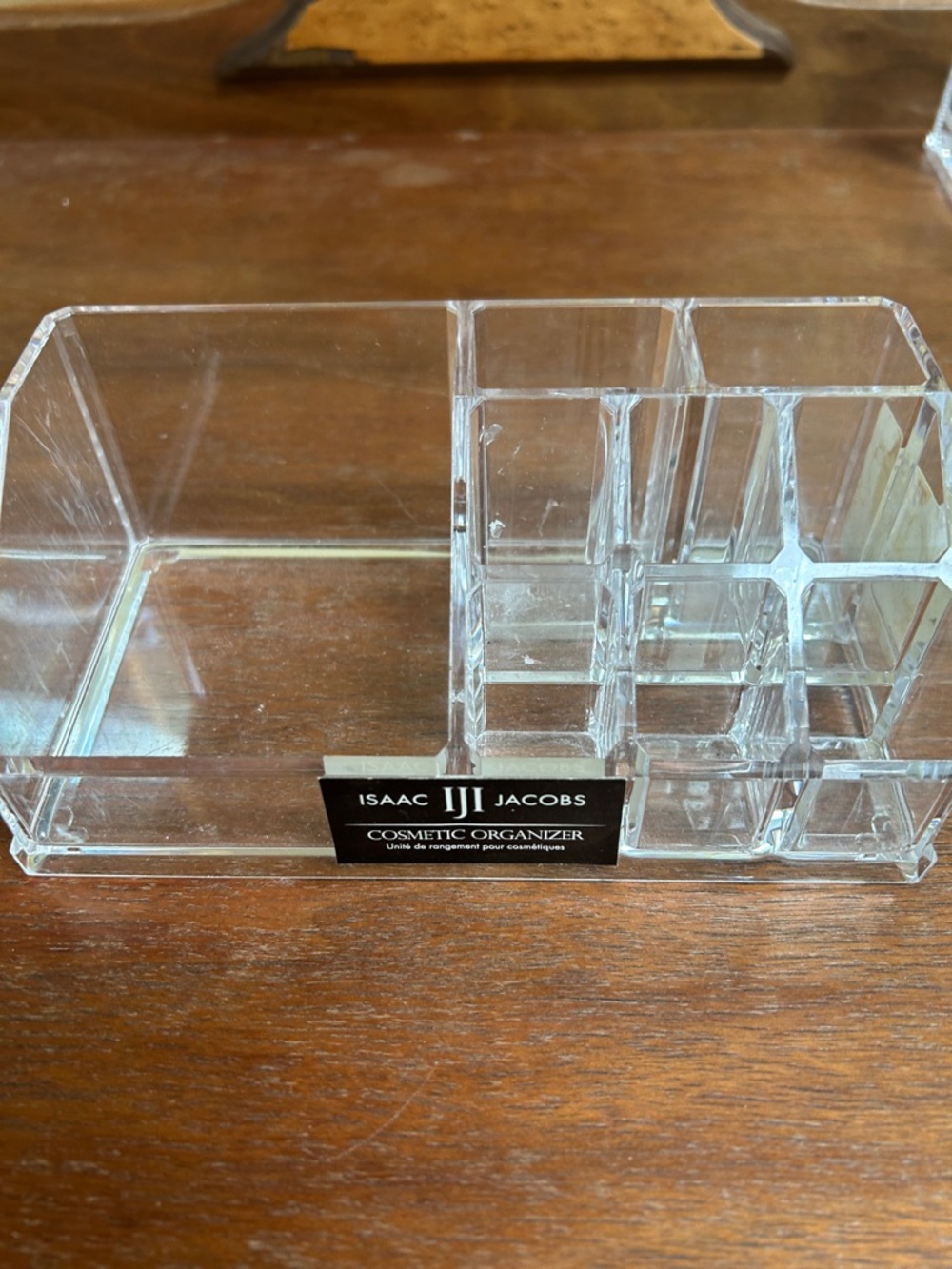 Cosmetic organizer by Isaac Jacobs - clear acrylic, sturdy - 7” x 3.5” x 2.5”